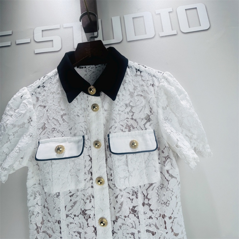 Lace temperament lapel hollow spring and summer dress