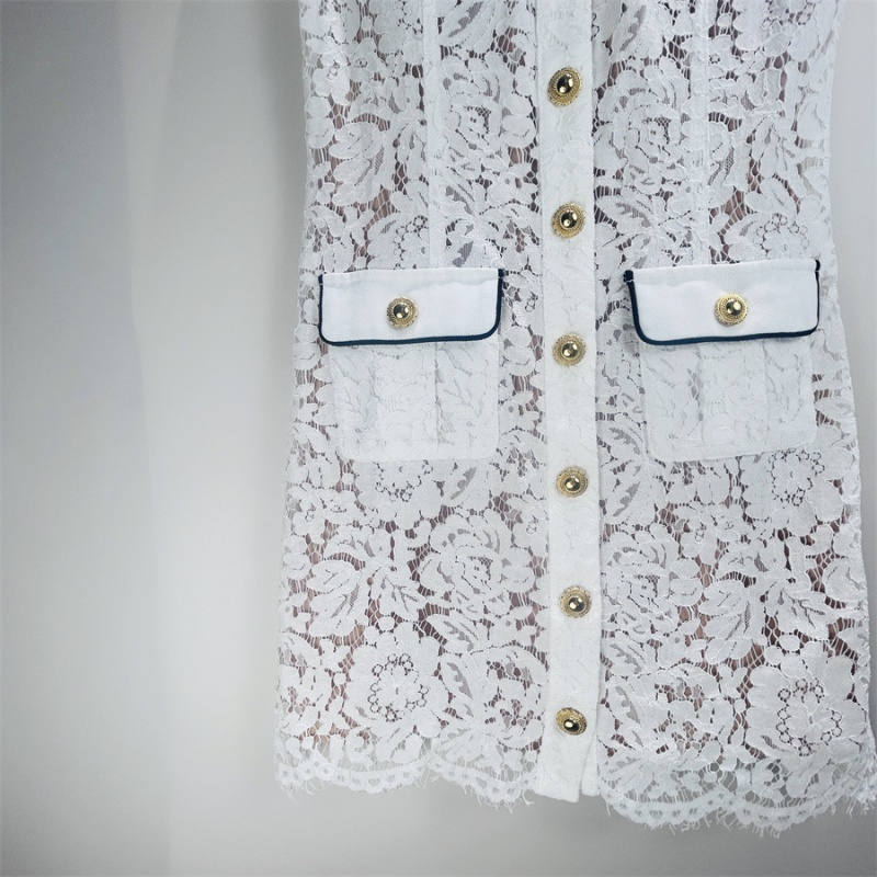 Lace temperament lapel hollow spring and summer dress