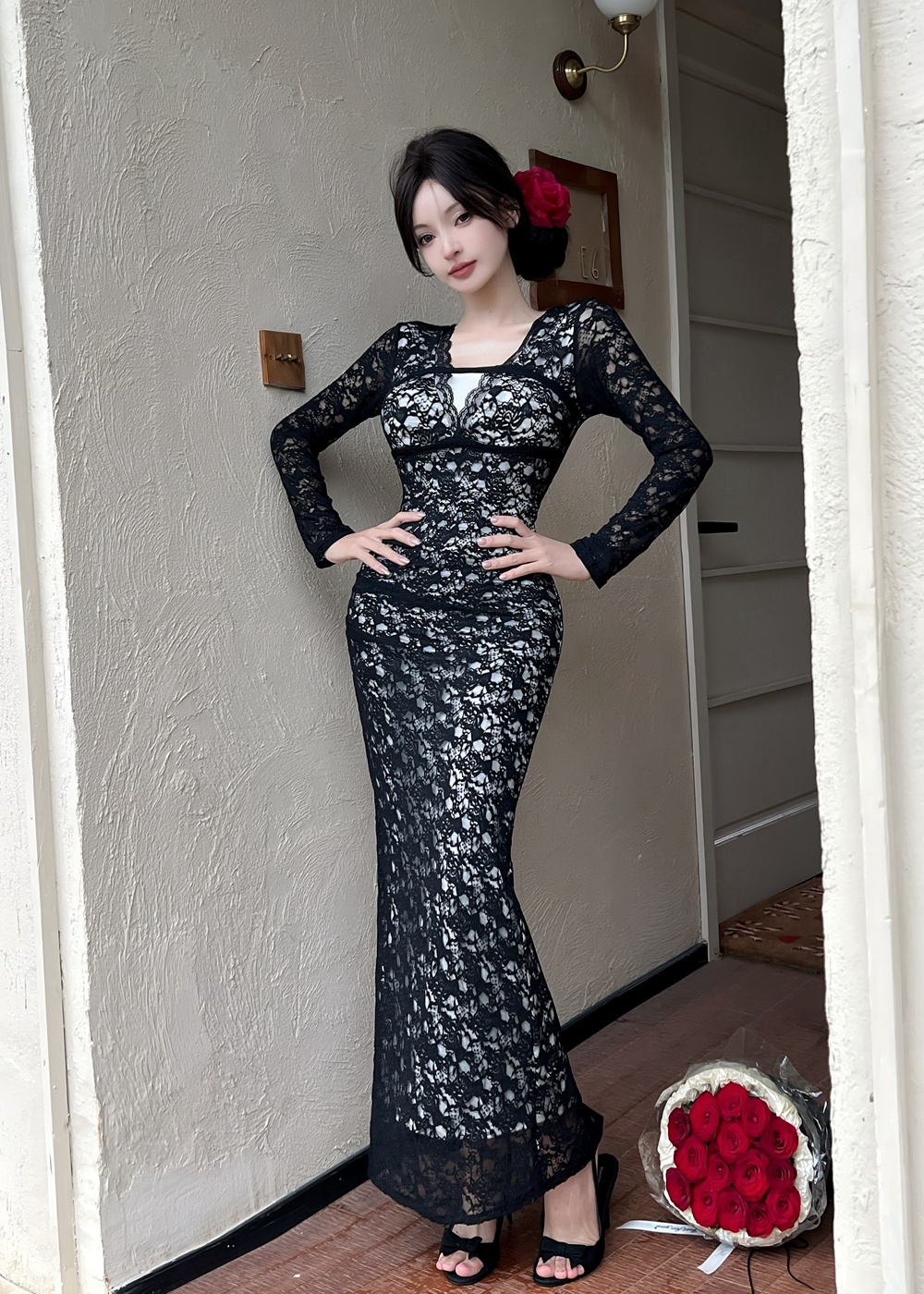Slim lace formal dress enticement V-neck long dress for women