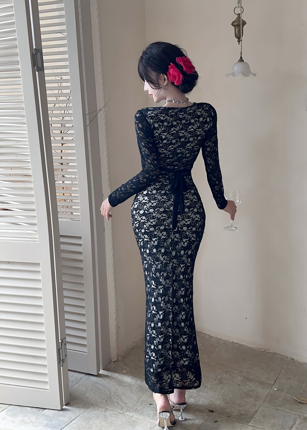 Slim lace formal dress enticement V-neck long dress for women