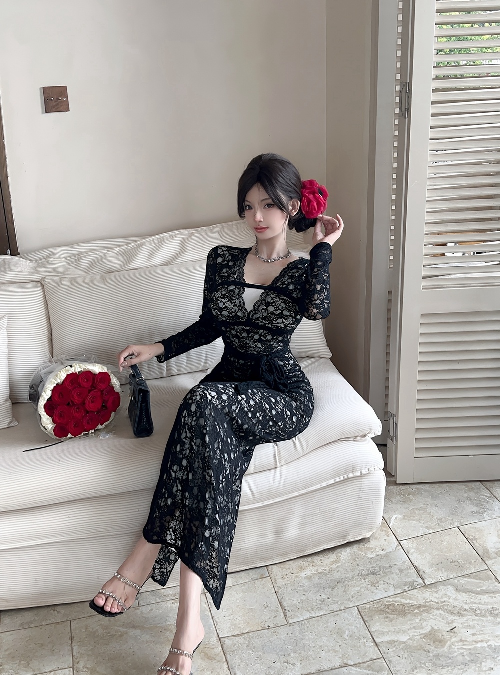 Slim lace formal dress enticement V-neck long dress for women