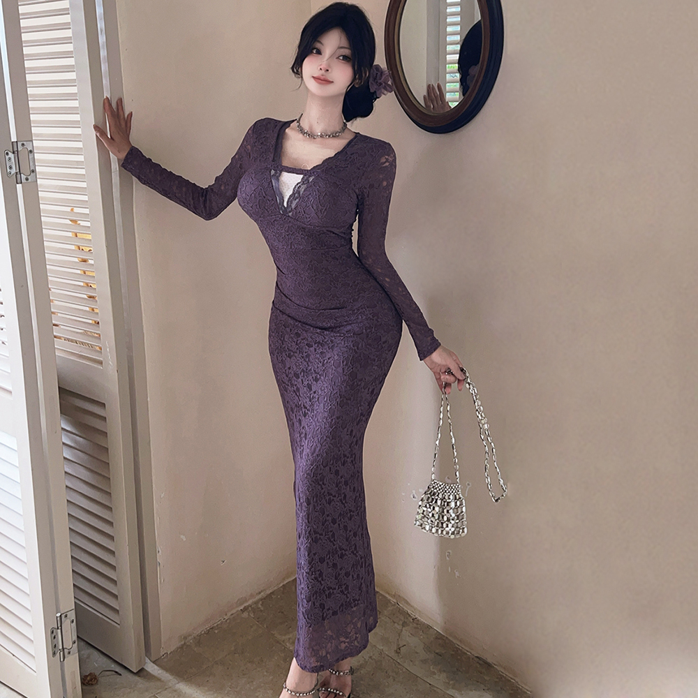 Slim lace formal dress enticement V-neck long dress for women
