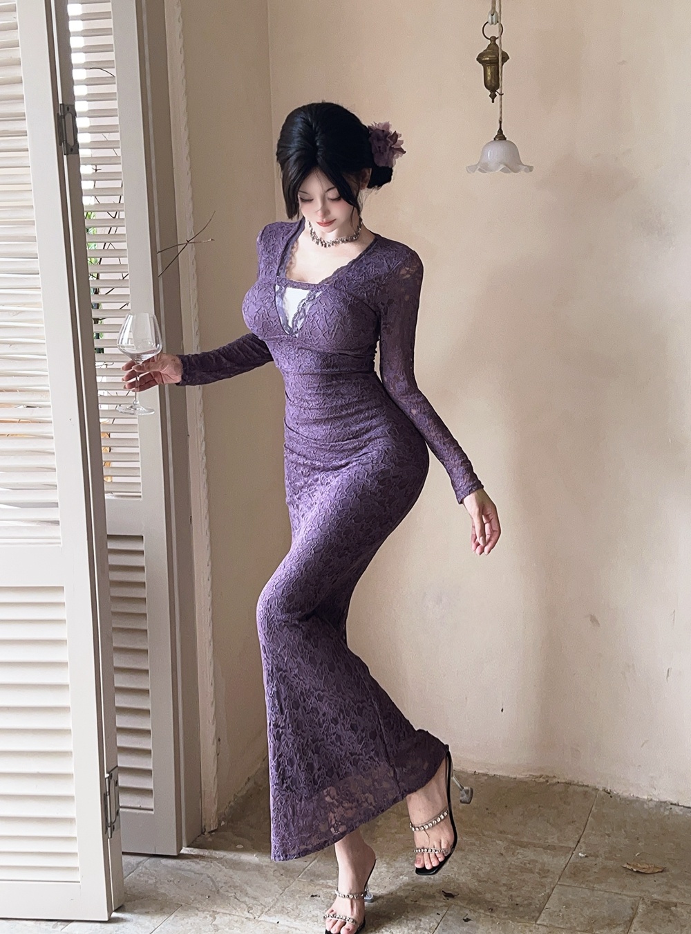 Slim lace formal dress enticement V-neck long dress for women
