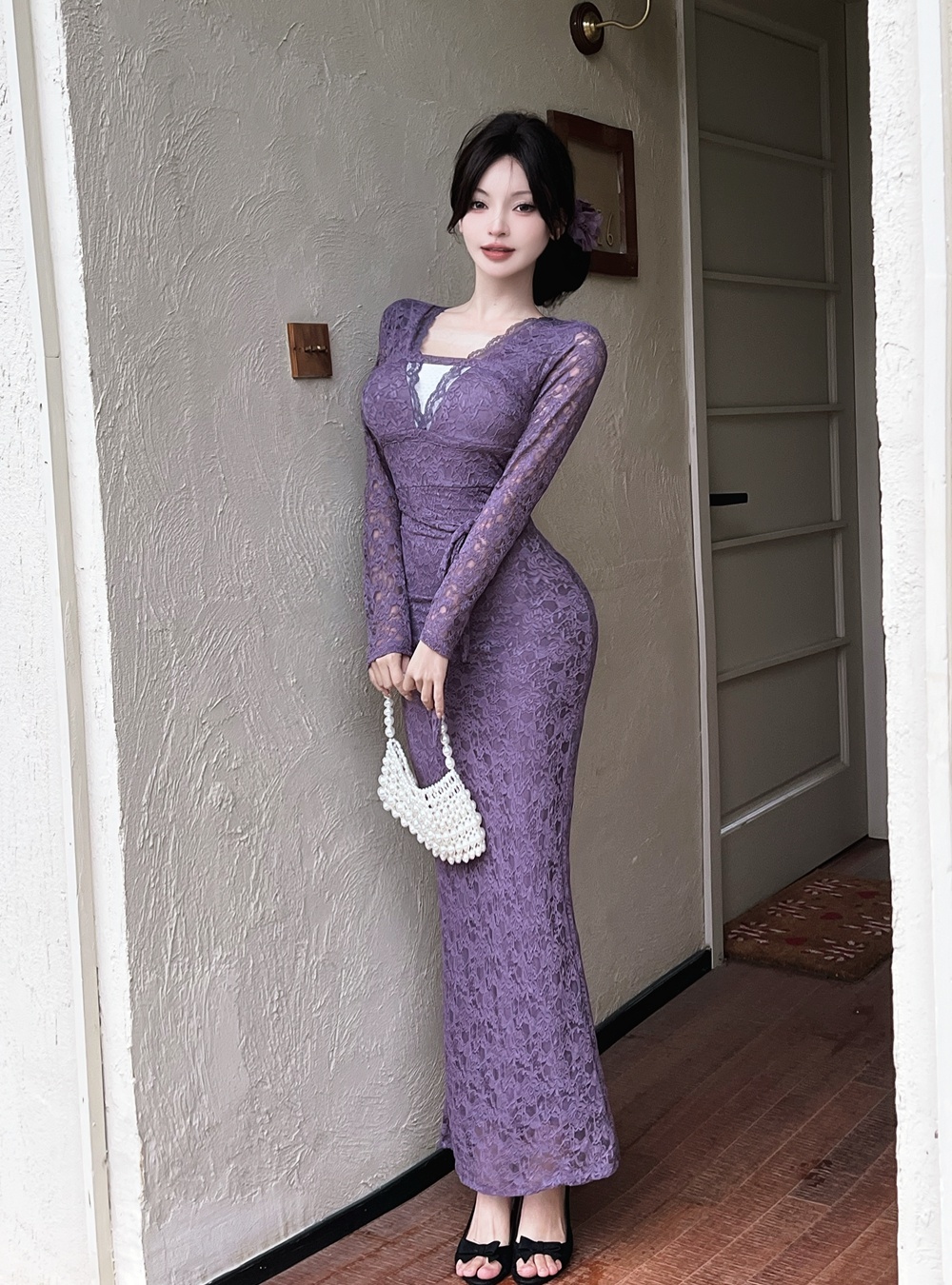 Slim lace formal dress enticement V-neck long dress for women
