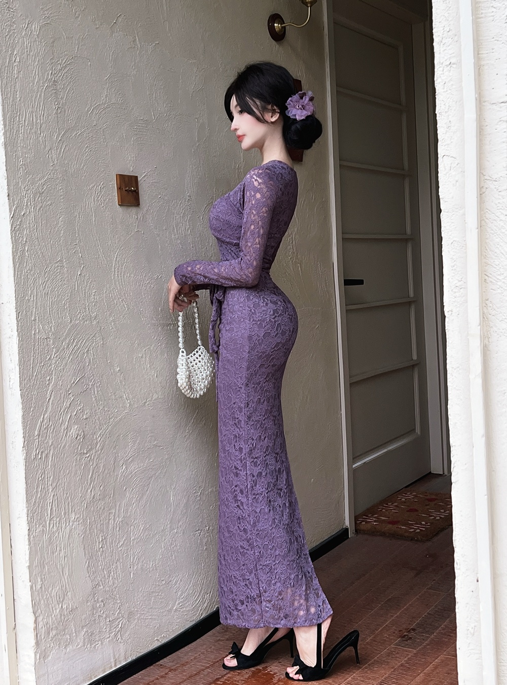 Slim lace formal dress enticement V-neck long dress for women