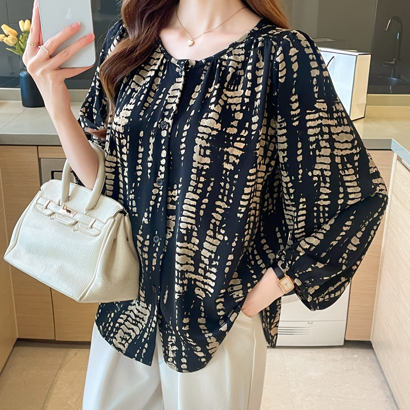 Round neck printing floral shirt loose long sleeve slim tops