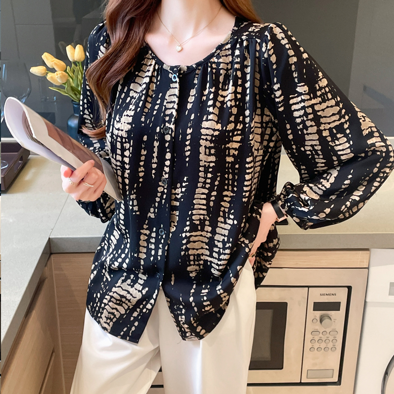 Round neck printing floral shirt loose long sleeve slim tops