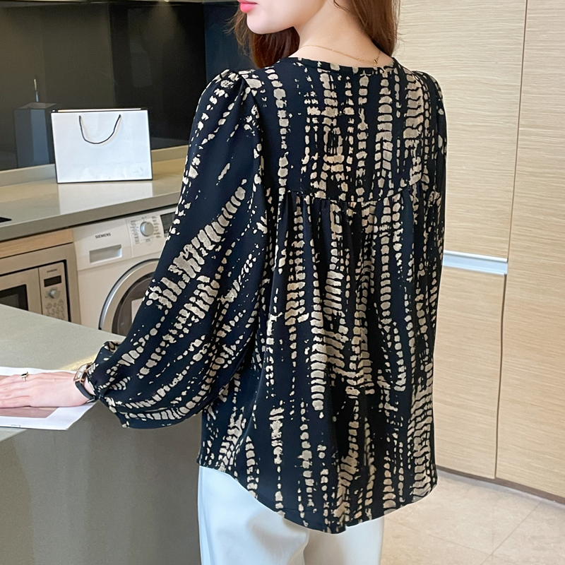 Round neck printing floral shirt loose long sleeve slim tops