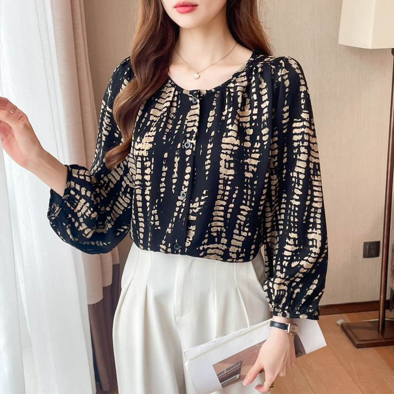 Round neck printing floral shirt loose long sleeve slim tops