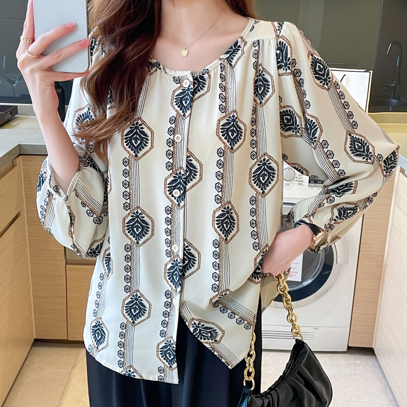 Floral slim loose tops long sleeve printing round neck shirt