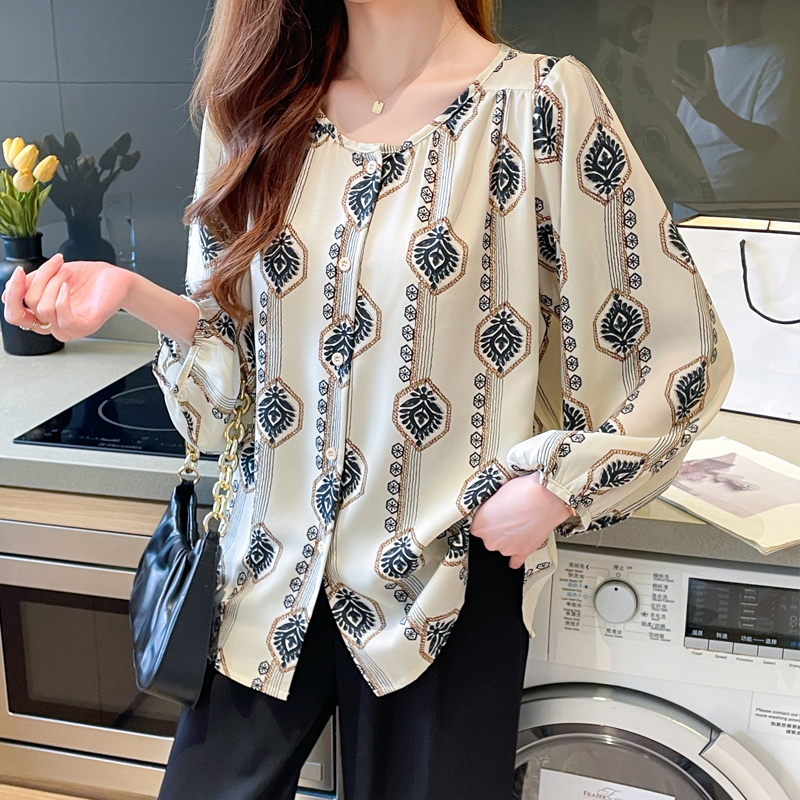 Floral slim loose tops long sleeve printing round neck shirt