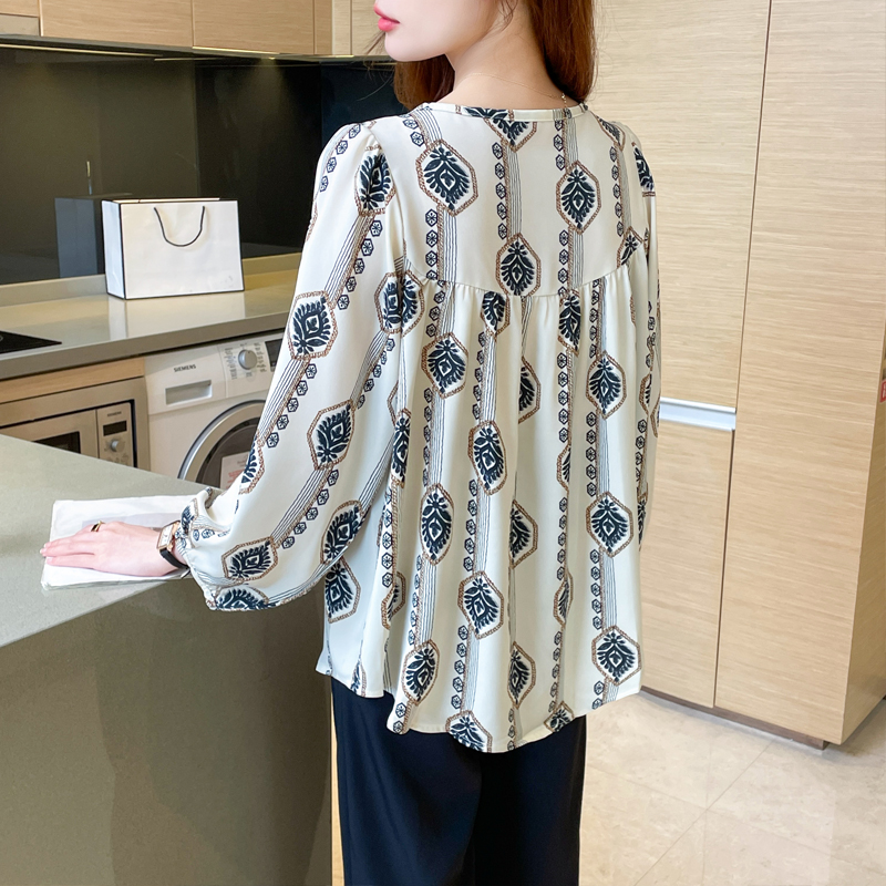 Floral slim loose tops long sleeve printing round neck shirt