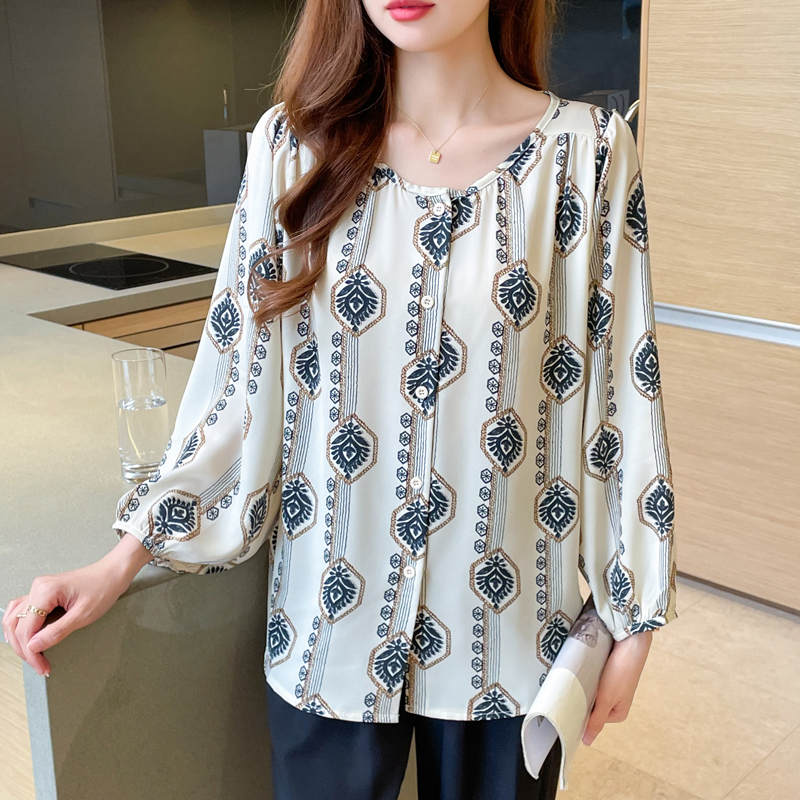 Floral slim loose tops long sleeve printing round neck shirt