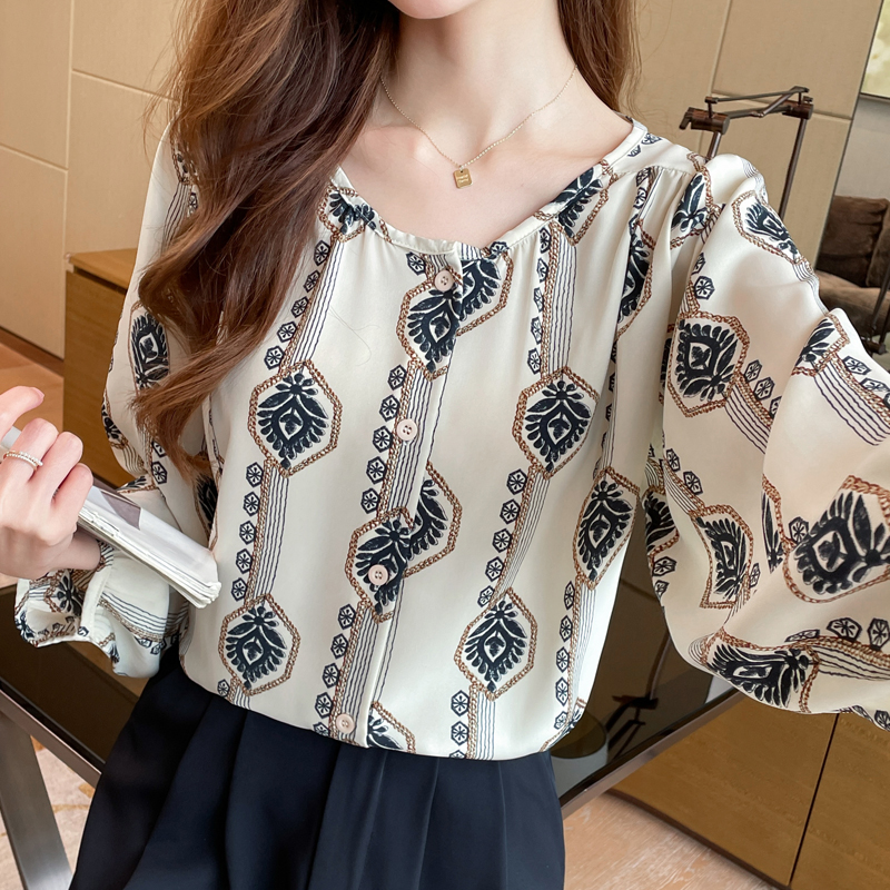 Floral slim loose tops long sleeve printing round neck shirt