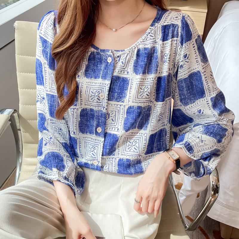 Printing long sleeve loose tops slim floral chiffon shirt