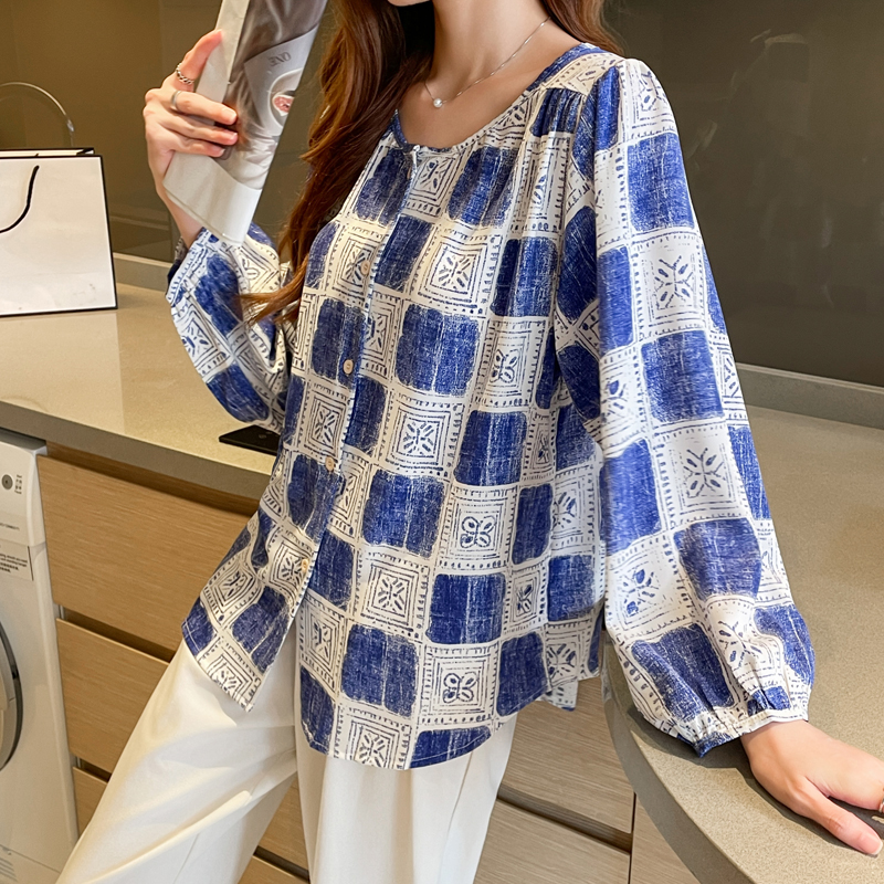 Printing long sleeve loose tops slim floral chiffon shirt