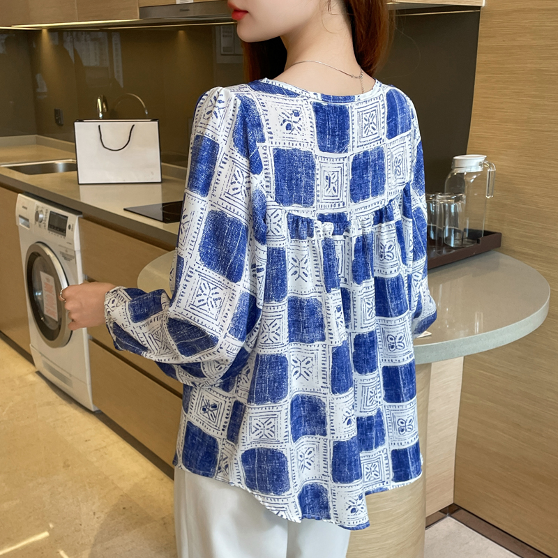 Printing long sleeve loose tops slim floral chiffon shirt