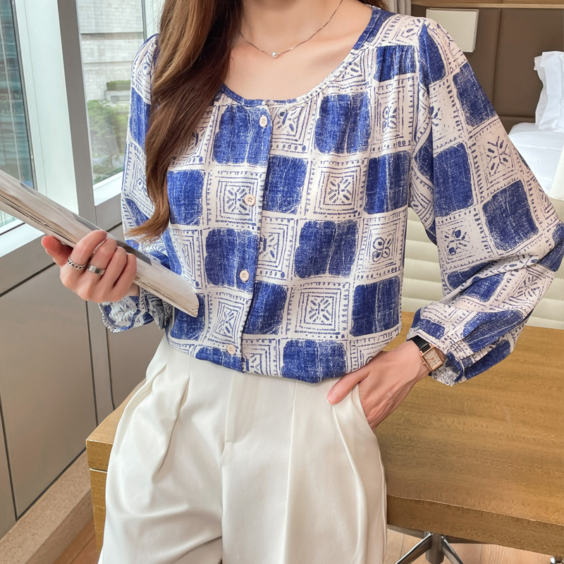 Printing long sleeve loose tops slim floral chiffon shirt