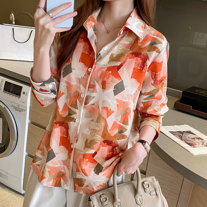 Loose long sleeve chiffon printing shirt for women