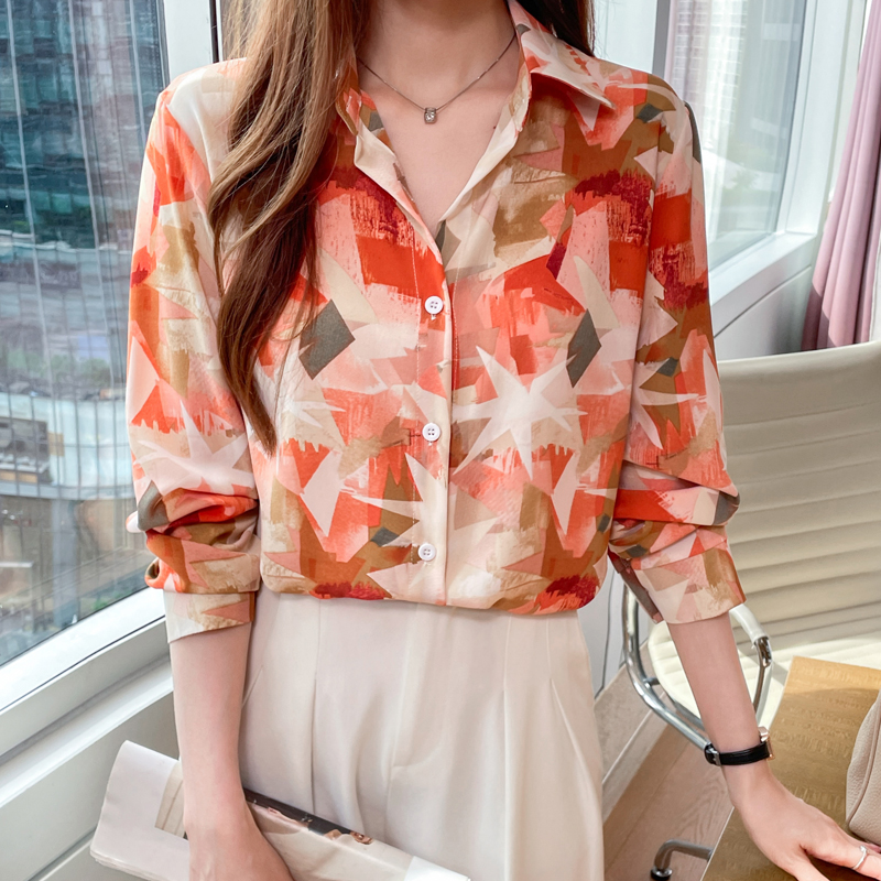 Loose long sleeve chiffon printing shirt for women