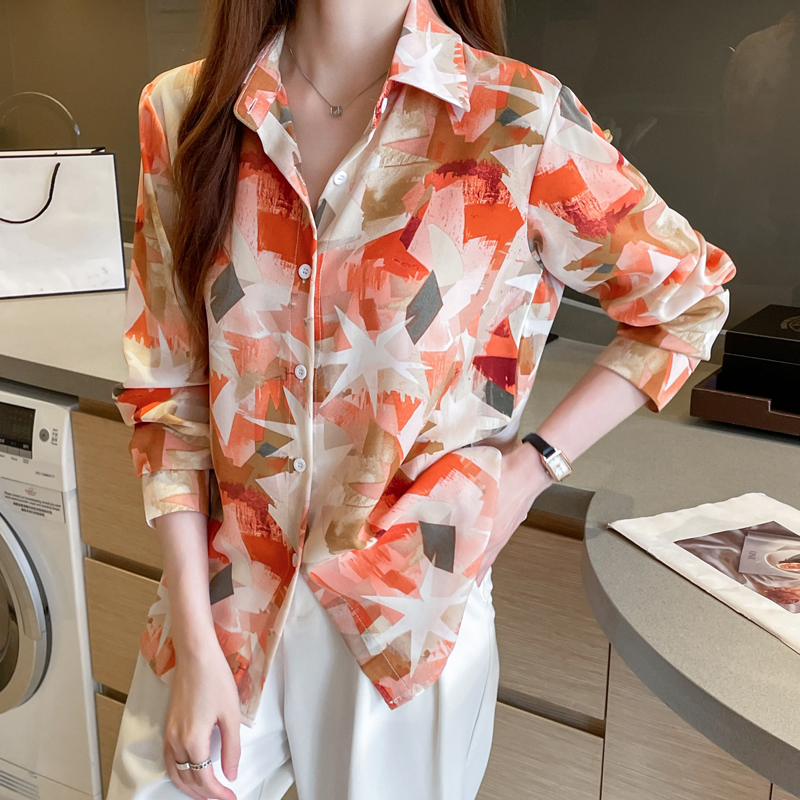Loose long sleeve chiffon printing shirt for women