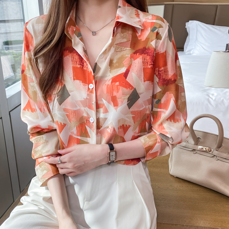 Loose long sleeve chiffon printing shirt for women