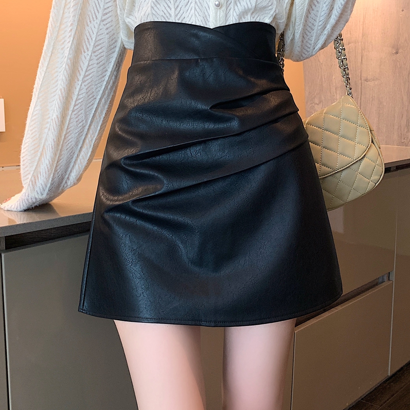 Korean style PU short skirt package hip fold skirt