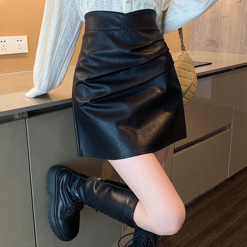 Korean style PU short skirt package hip fold skirt