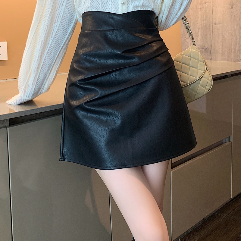 Korean style PU short skirt package hip fold skirt