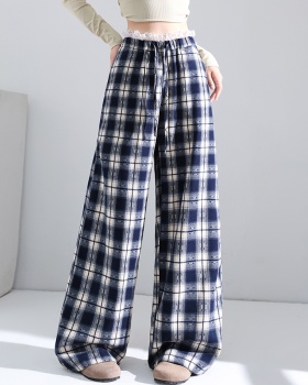 Retro straight plaid pants lace wide leg pants for women