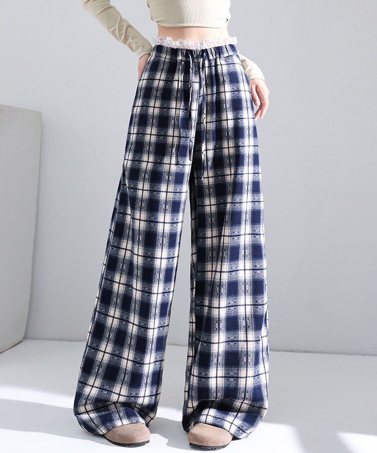 Retro straight plaid pants lace wide leg pants for women