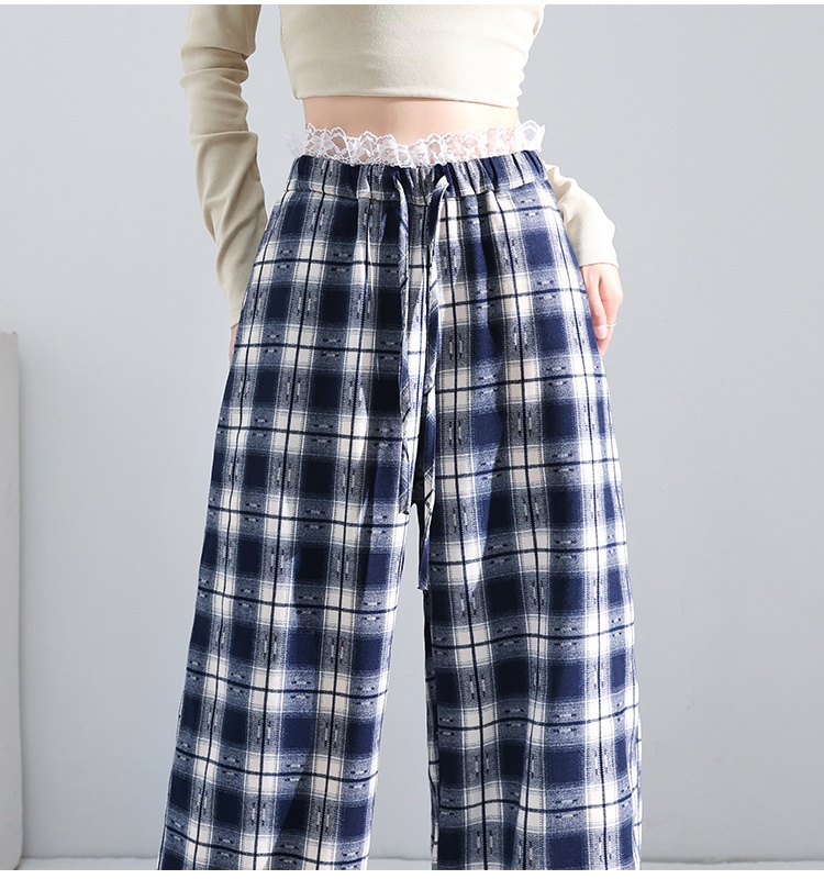 Retro straight plaid pants lace wide leg pants for women