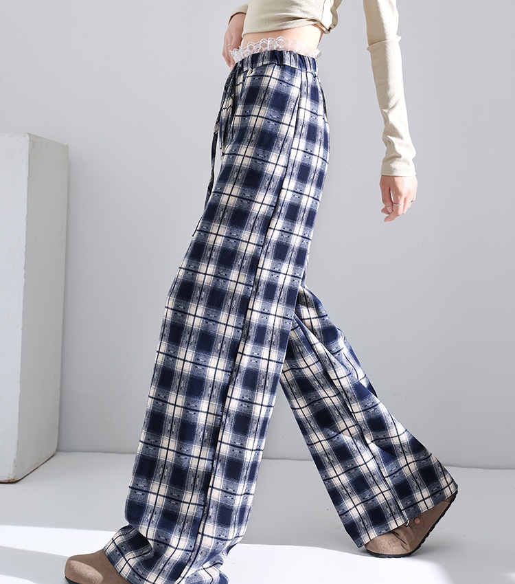 Retro straight plaid pants lace wide leg pants for women