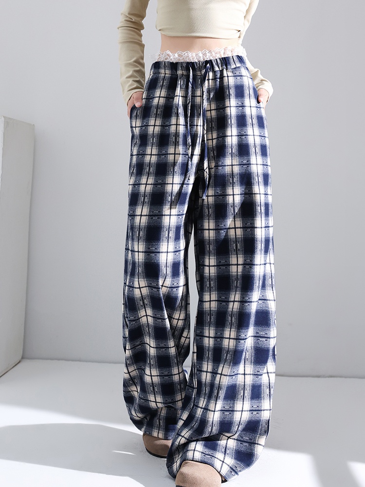 Retro straight plaid pants lace wide leg pants for women