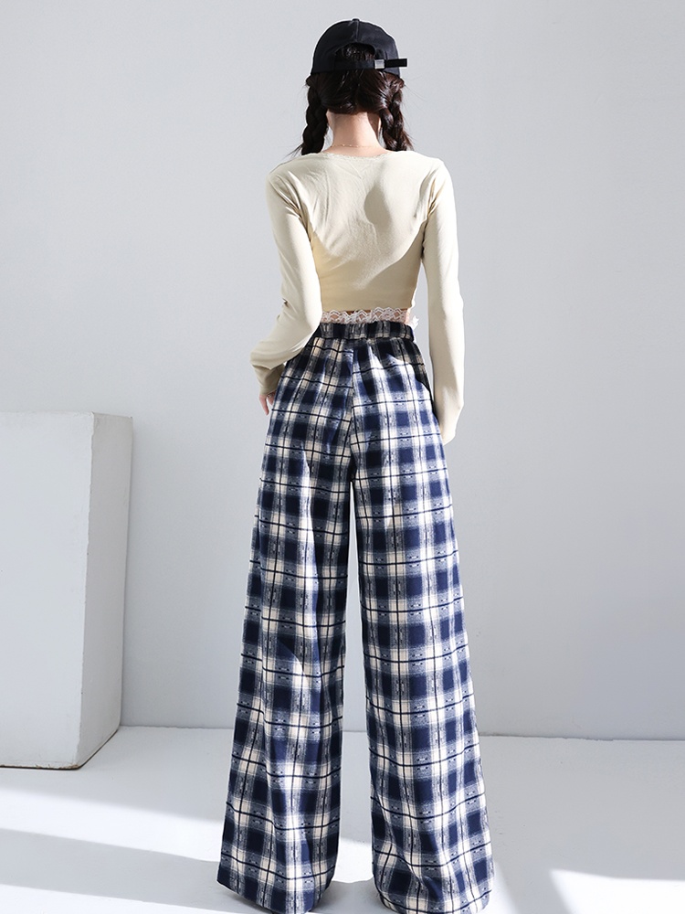 Retro straight plaid pants lace wide leg pants for women
