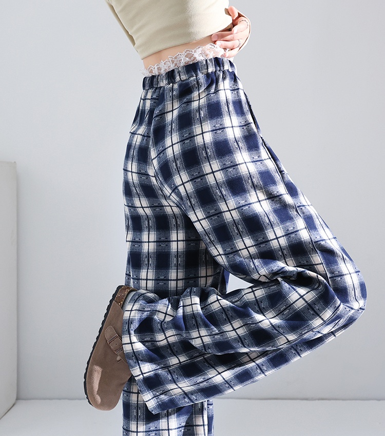 Retro straight plaid pants lace wide leg pants for women