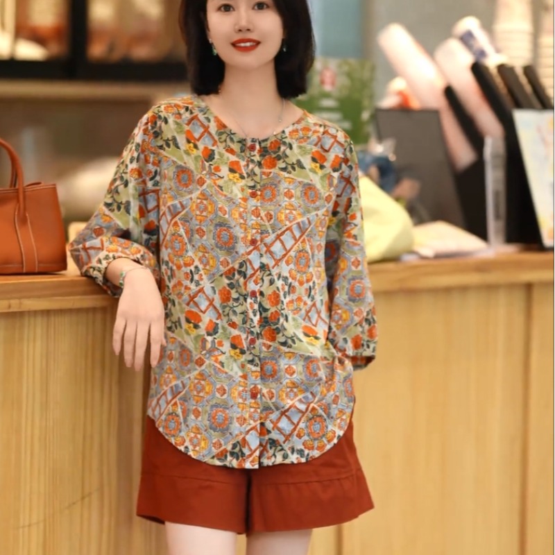 Large yard long sleeve shirt loose round neck chiffon shirt