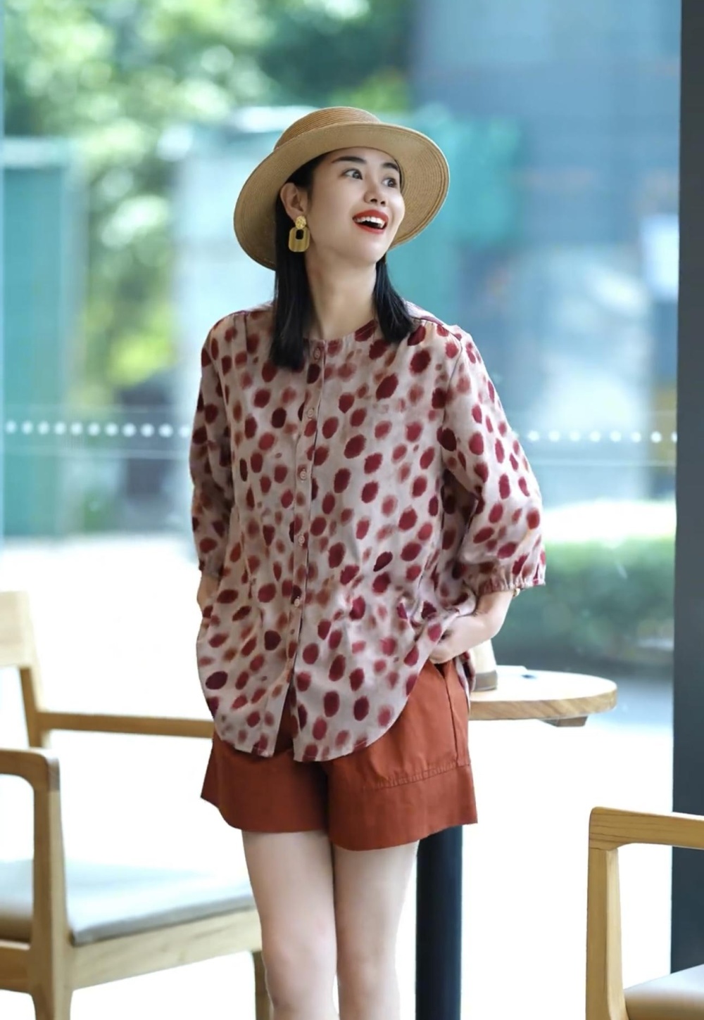 Large yard printing tops puff sleeve shirt for women