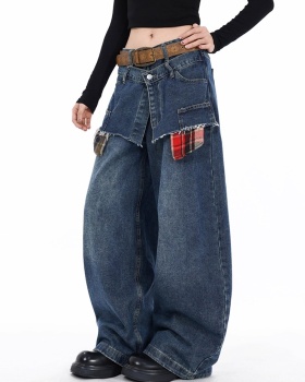 Plaid Pseudo-two spring pants slim wide leg jeans for women