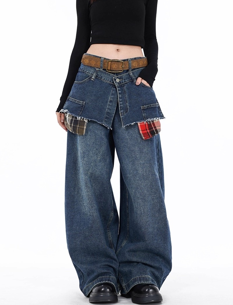Plaid Pseudo-two spring pants slim wide leg jeans for women