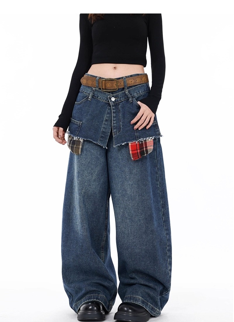 Plaid Pseudo-two spring pants slim wide leg jeans for women