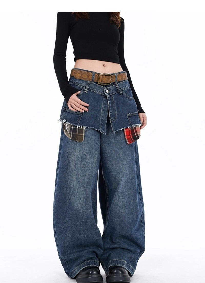 Plaid Pseudo-two spring pants slim wide leg jeans for women