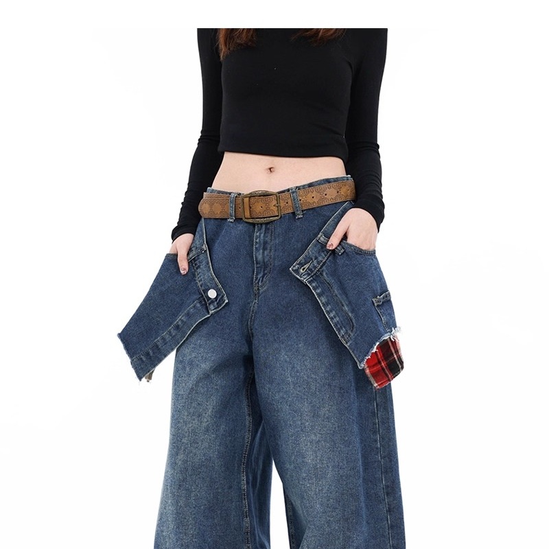 Plaid Pseudo-two spring pants slim wide leg jeans for women