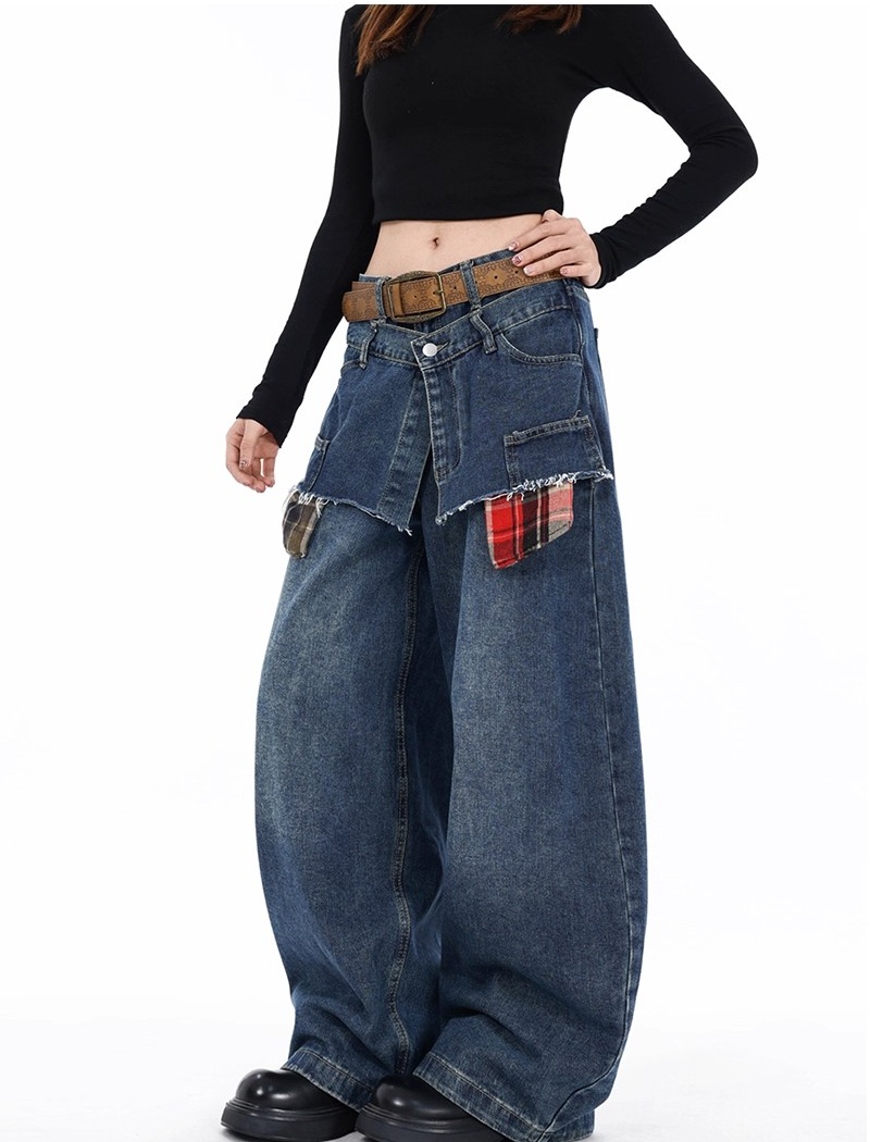 Plaid Pseudo-two spring pants slim wide leg jeans for women