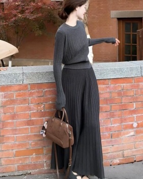 Temperament knitted autumn gray long skirt a set for women