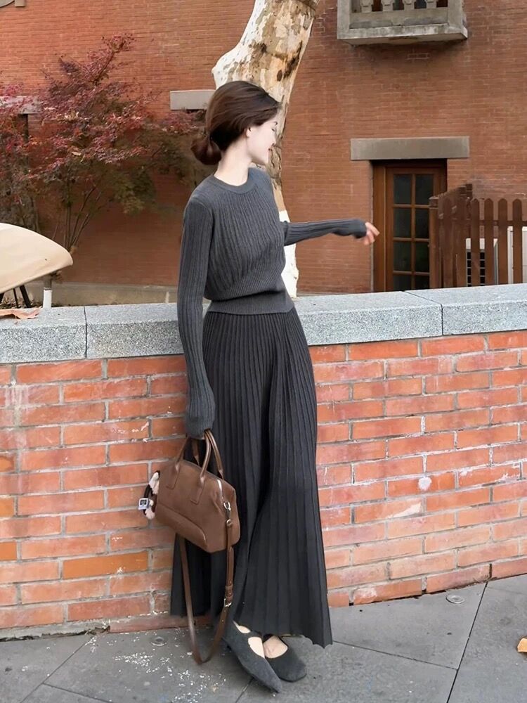 Temperament knitted autumn gray long skirt a set for women