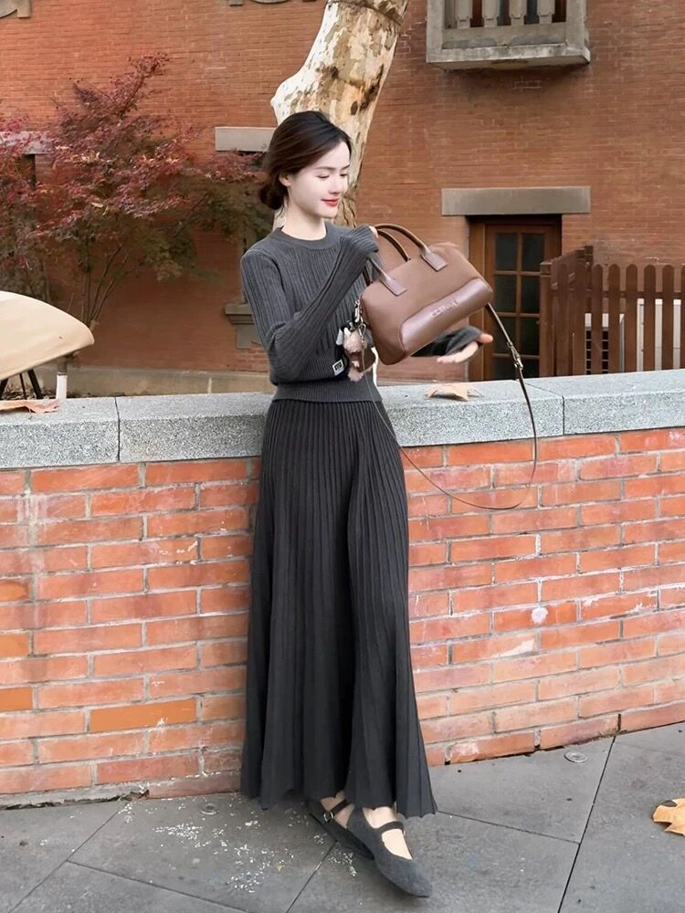 Temperament knitted autumn gray long skirt a set for women