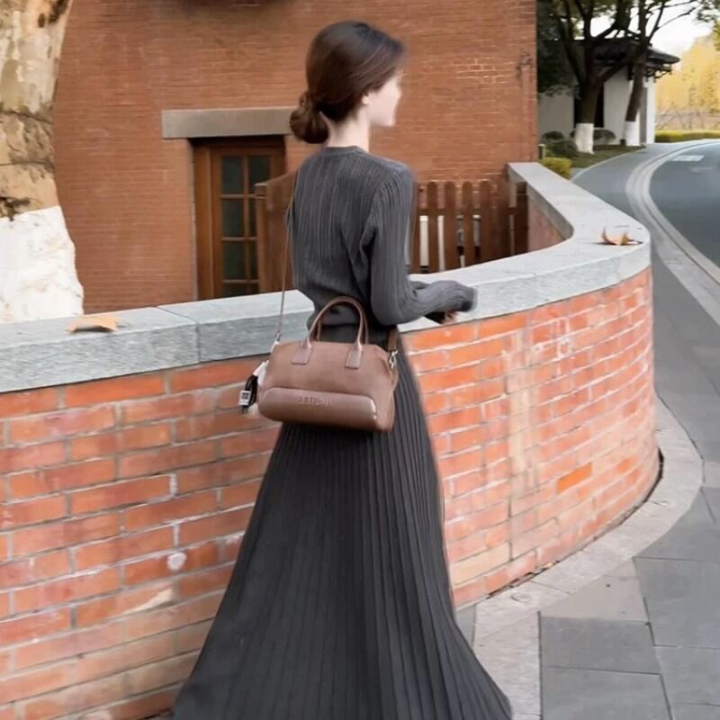 Temperament knitted autumn gray long skirt a set for women