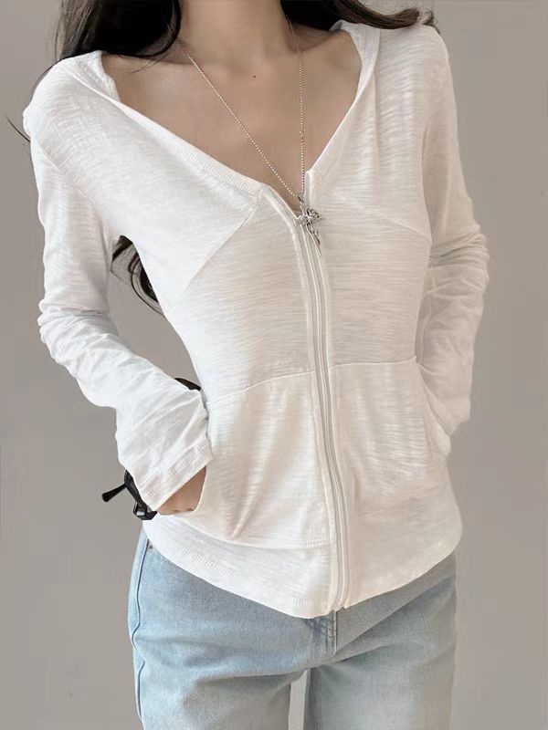 Summer hooded long sleeve sunscreen zip white tops