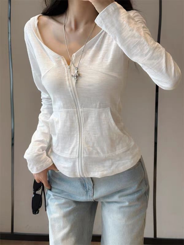 Summer hooded long sleeve sunscreen zip white tops